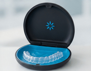 Illustrative, AI-generated image of a clear aligner storage case - not an actual product photograph