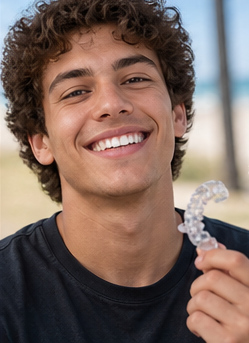 Illustrative, AI-generated image of a young adult holding a clear aligner, used to represent a candidate with bite concerns - not an actual patient