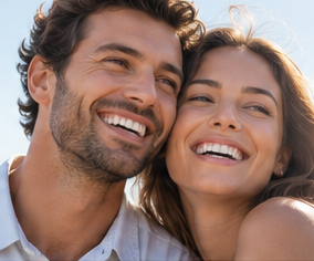 Illustrative, AI-generated image of a smiling couple, used to represent feeling confident in your smile - not an actual patient