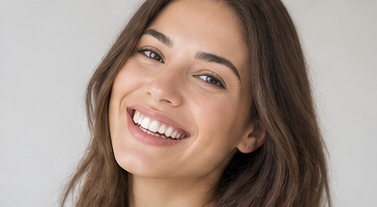 Illustrative, AI-generated image of a smiling woman, used to represent a candidate with crowded teeth - not an actual patient