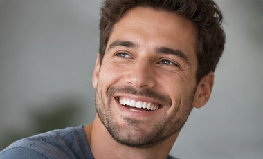 Illustrative, AI-generated image of a smiling man, used to represent a candidate with gaps between teeth - not an actual patient